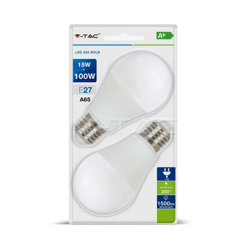 V-Tac LED Bulb 15W E27 A60 Thermoplastic White 2pcs/Blister Pack