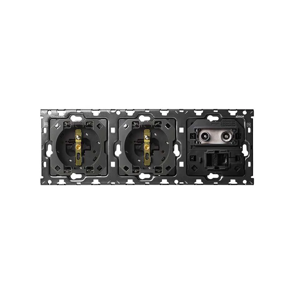 Simon Back kit for 3 elements with 2 2P+E sockets and 1 single R / TV + SAT socket with 1 RJ45 connector Simon 100