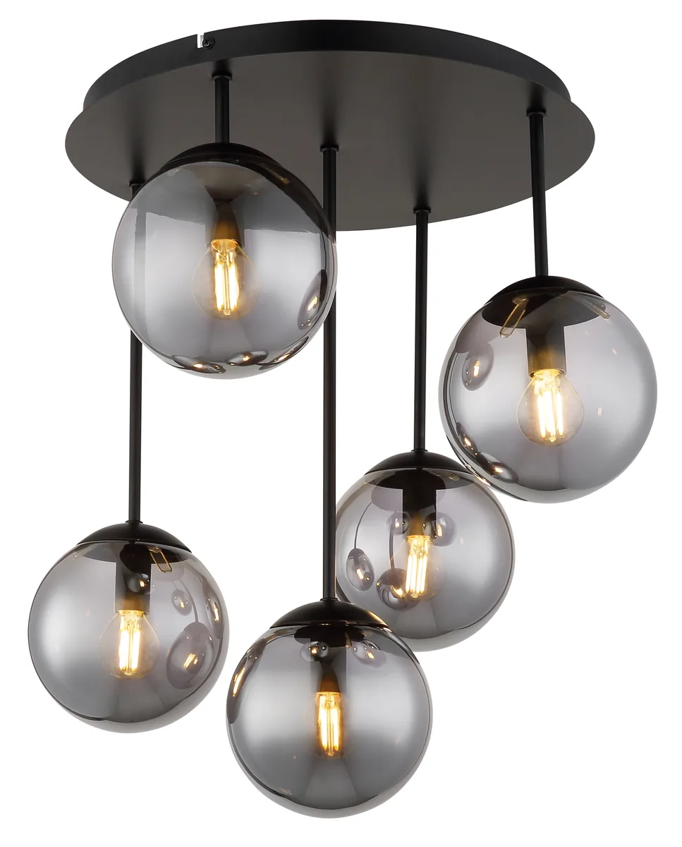 Globo HARMON ceiling light - metal black matt - glass balls smoke colored