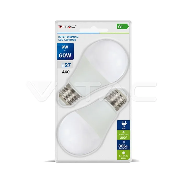 V-Tac 9W A60 LED Plastic 3 Step Dimming Bulb White E27 2pcs Blister Pack