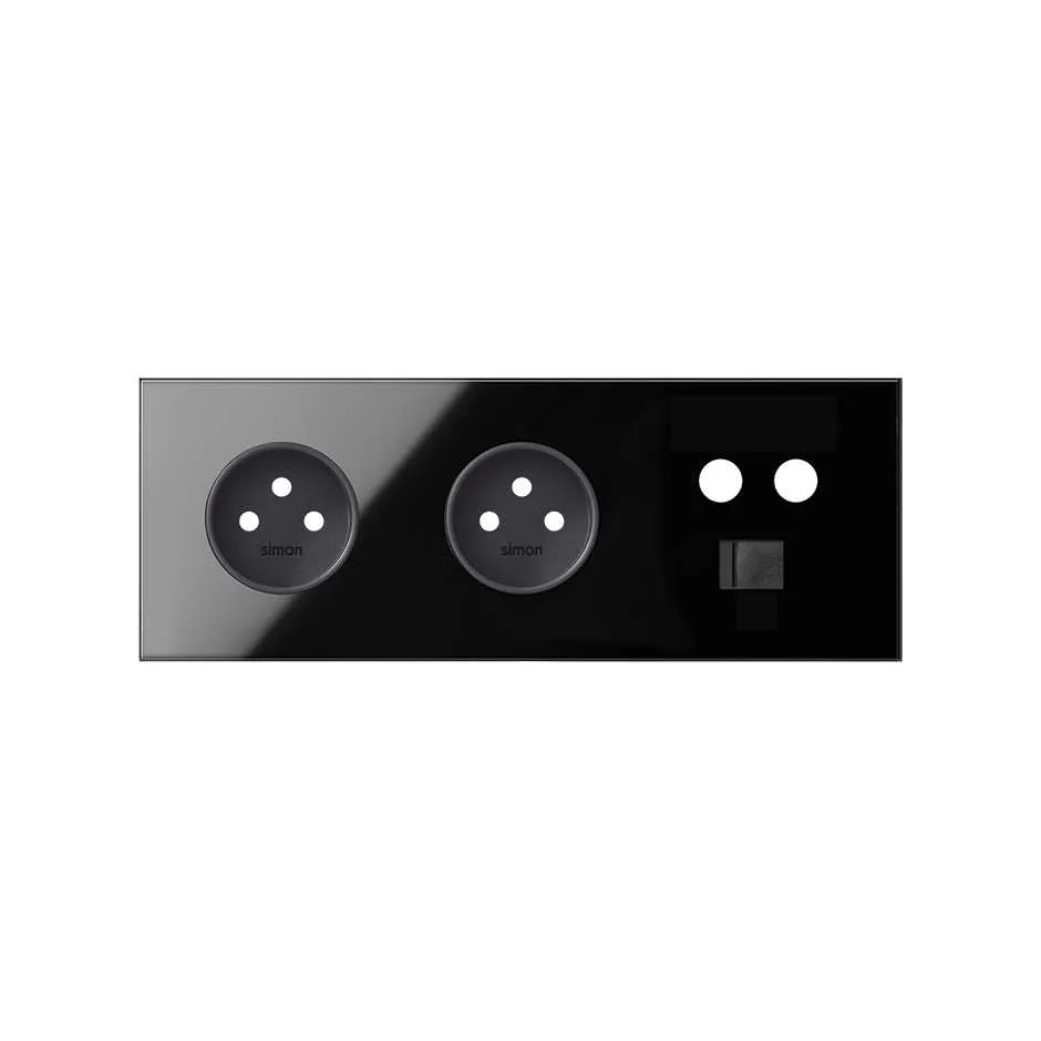 Simon Front face kit for 3 elements with 2 2P sockets and 1 single R / TV + SAT socket with 1 gloss black RJ45 connector Simon 100