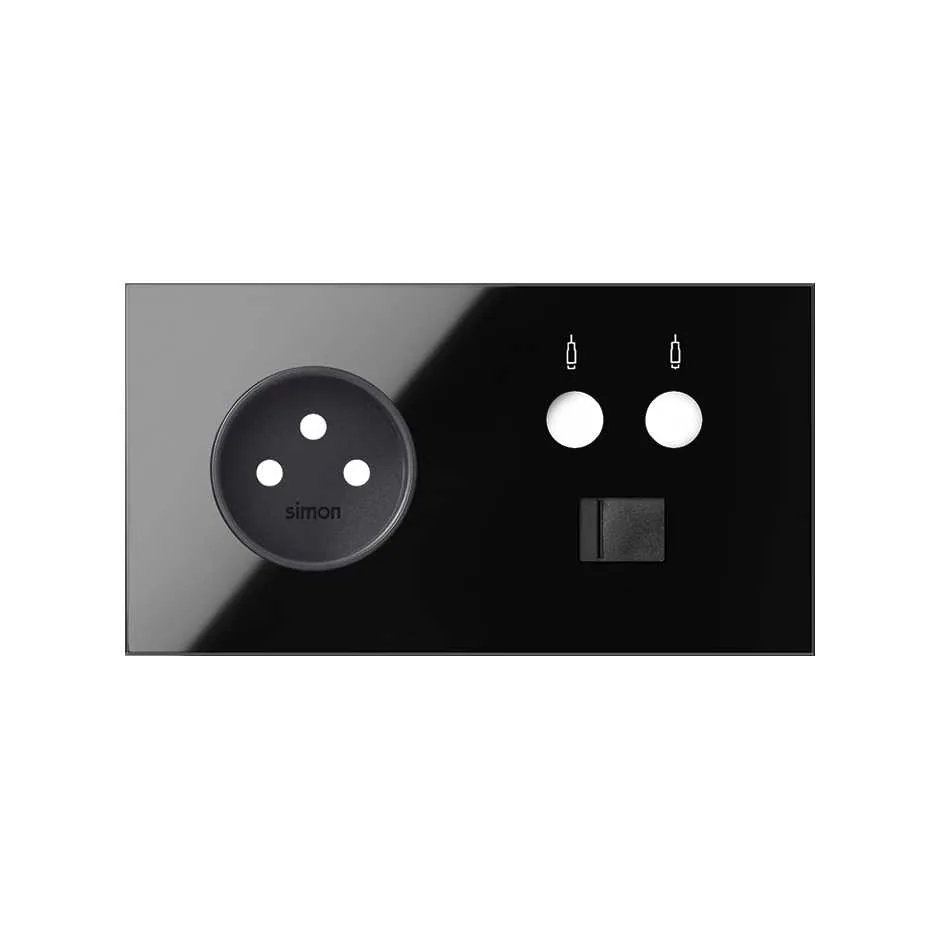 Simon Front face kit for 2 elements with 1 2P socket, 1 single R / TV + SAT socket with 1 RJ45 category 6 UTP connector gloss black Simon 100