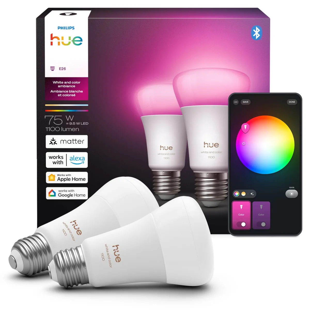 Signify Hue White and color ambiance 75W A19 2PACK- E26 smart bulbs