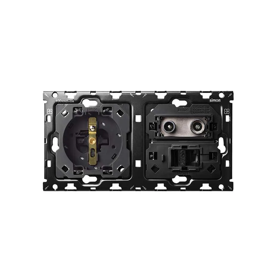 Simon Back kit for 2 elements with 1 2P+E socket, and 1 single R / TV + SAT socket with 1 RJ45 category 6 UTP connector Simon 100