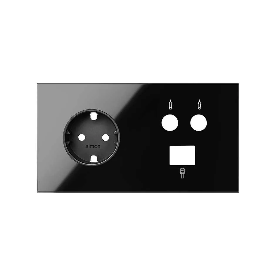 Simon Front kit for 2 elements with 1 German socket outlet, 1 single R/TV+SAT socket with 1 RJ45 6 UTP connector gloss black Simon 100