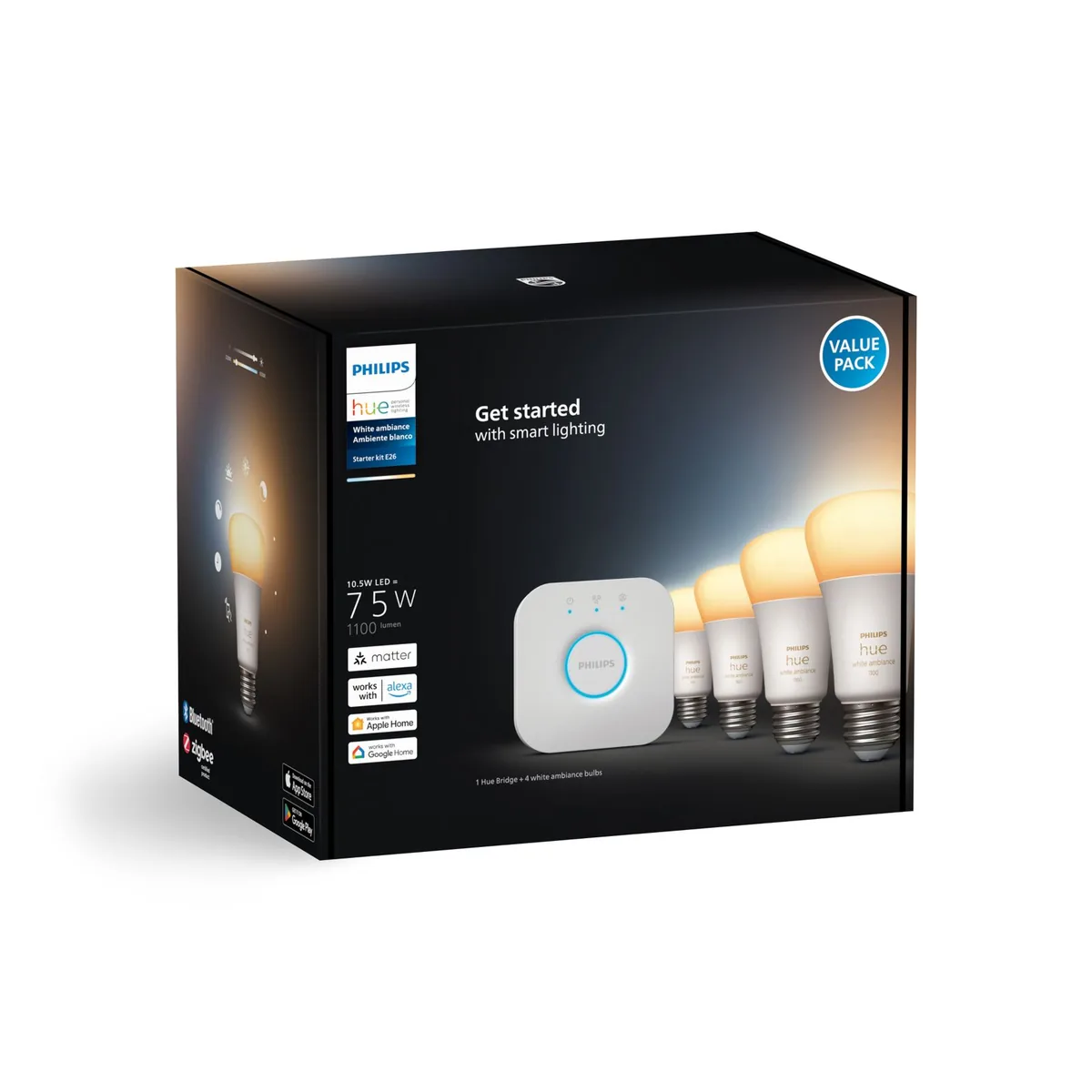 Signify Hue Starter kit: 4-pack A19 E26 LED Bulbs White Ambiance + Hue Bridge
