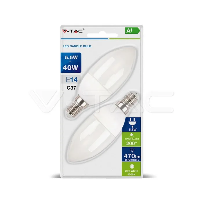 V-Tac LED Bulb 5.5W E14 Candle White 2pcs/Blister