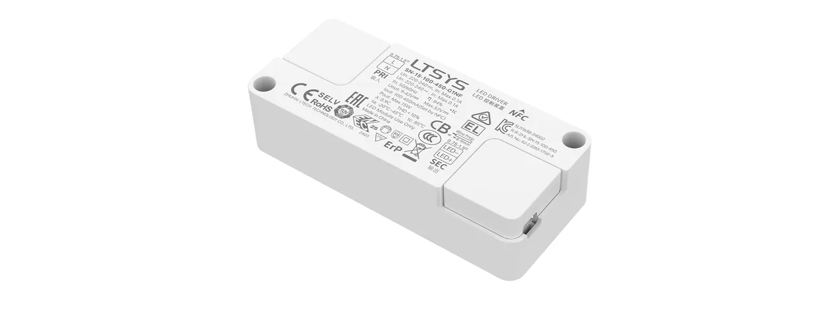LTECH 15W Ultra-small ON/OFF CC Driver(NFC programmable,Soft start) SN-15-100-450-G1NF