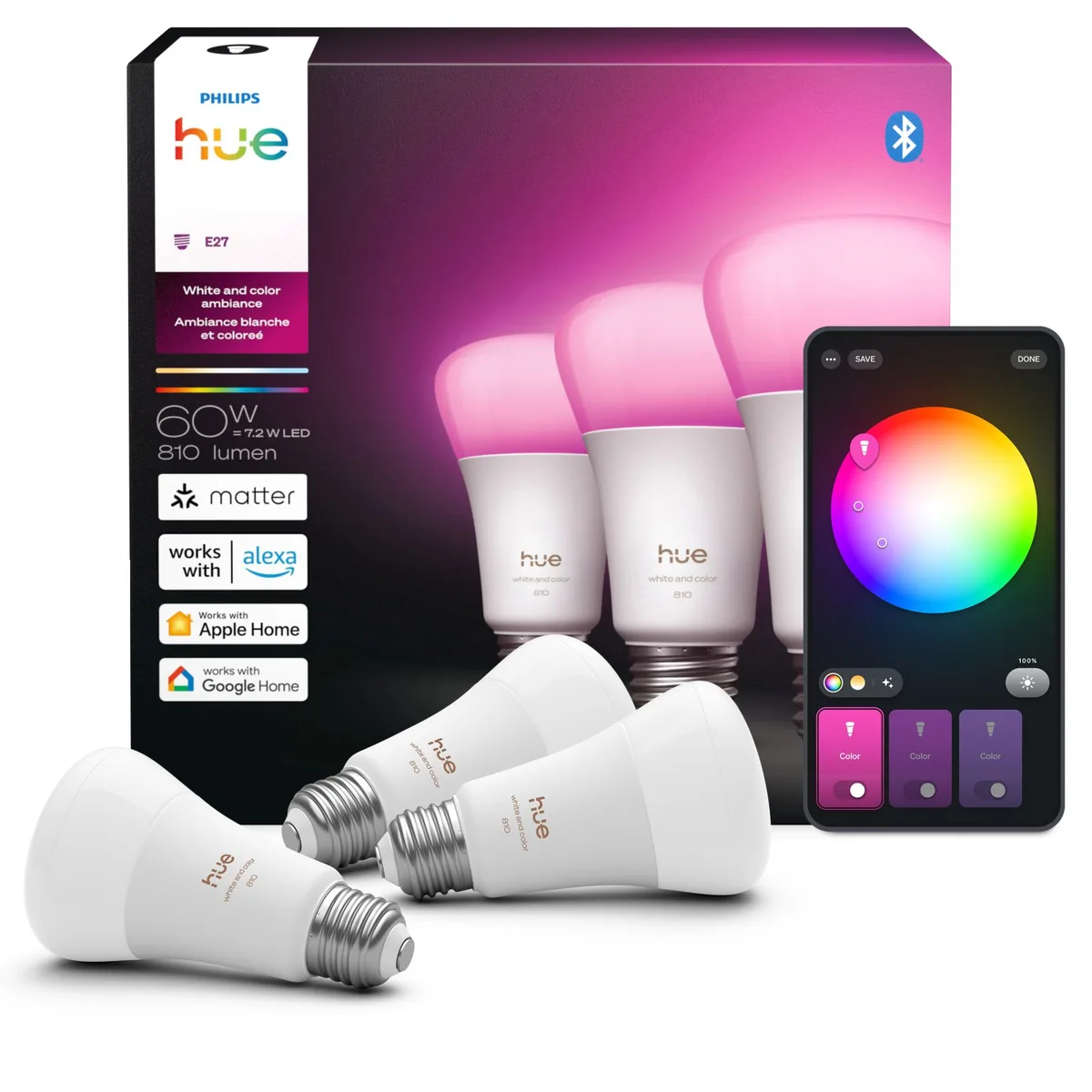 Signify Hue White and color ambiance 60W A19 3PACK- E26 smart bulbs