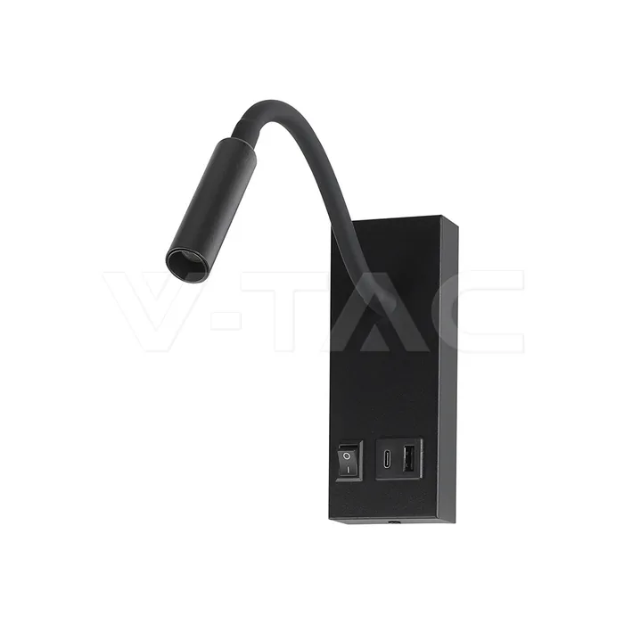 V-Tac 3W LED Bedside Light CREE CHIP USB Type C Charging Black Body IP20 3000K