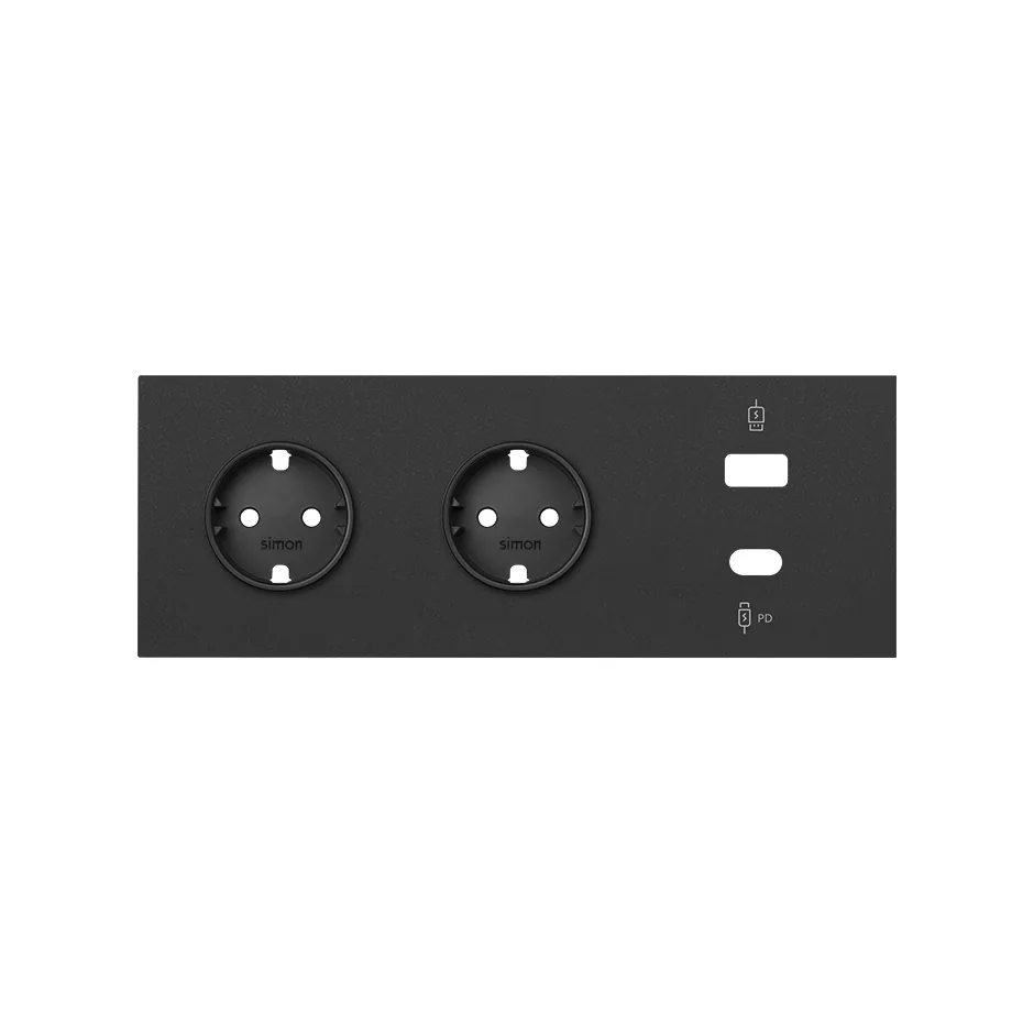 Simon 3-element front kit with 2 schuko sockets and USB C+A charger matt black Simon 100