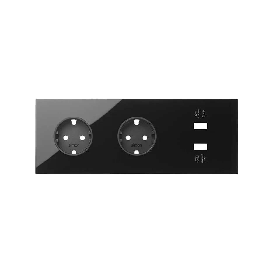 Simon Front kit for 3 elements with 2 German socket outlets and 1 2xUSB charger gloss black Simon 100