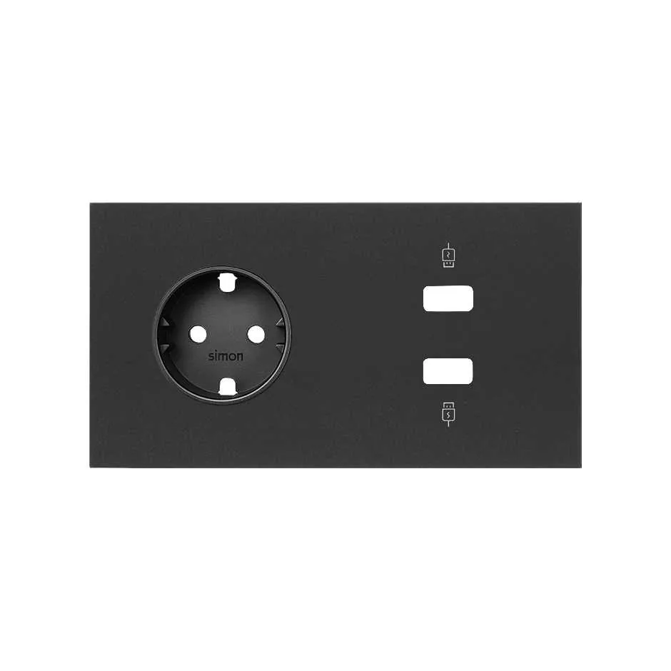 Simon Horizontal front kit for 2 elements with 1 2xUSB charger and 1 German socket outlet matt black Simon 100