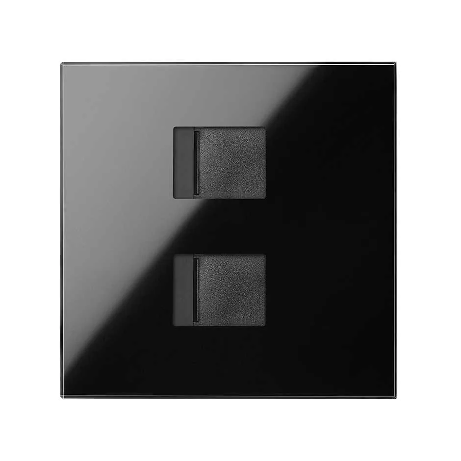 Simon Voice and data cover with dust cover for 2 gloss black RJ45 connectors Simon 100