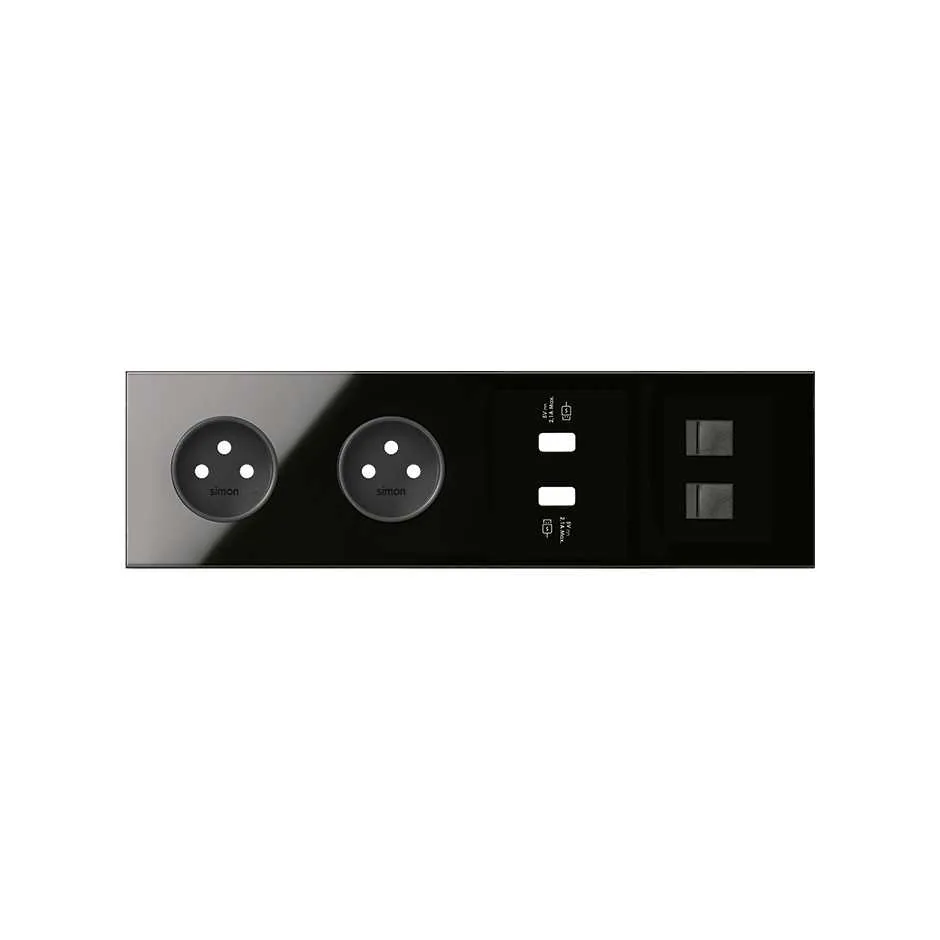 Simon Front face kit for 4 elements with 2 2P sockets, 1 2xUSB double charger and 2 gloss black RJ45 connectors Simon 100