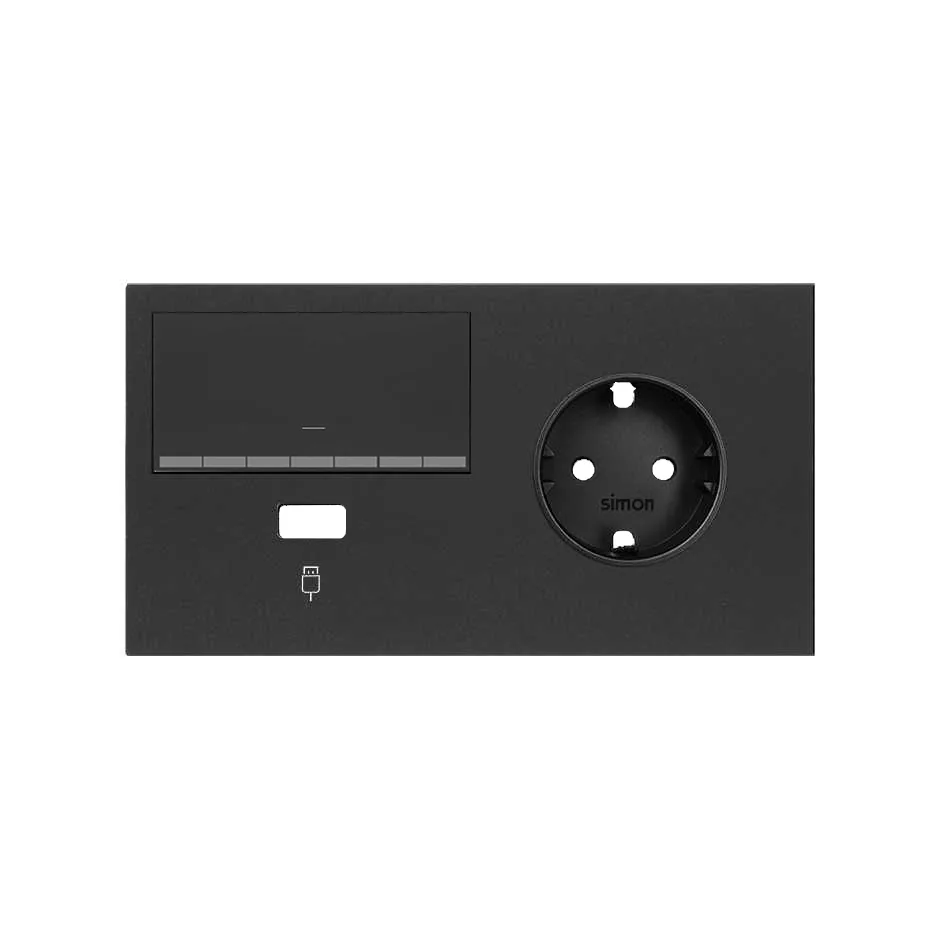 Simon Front kit for 2 elements with 1 dimmer rocker, 1 USB charger and 1 German socket outlet matt black Simon 100