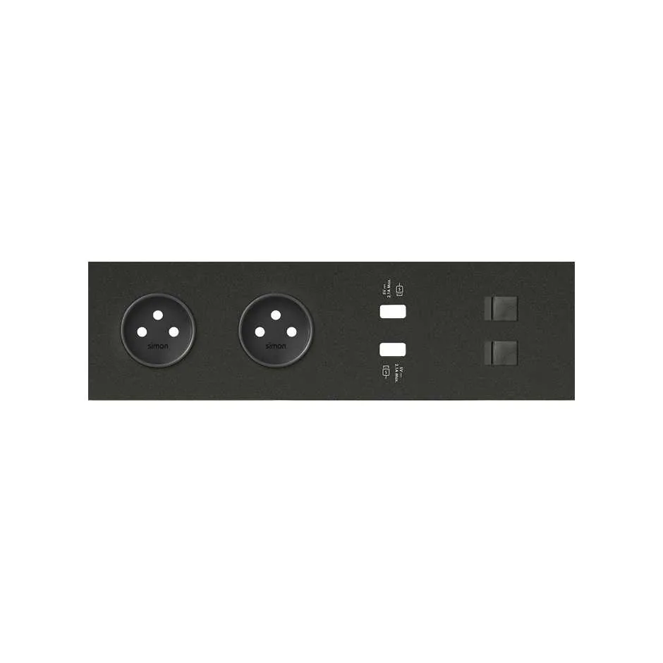 Simon Front face kit for 4 elements with 2 2P sockets, 1 2xUSB double charger and 2 matt black RJ45 connectors Simon 100