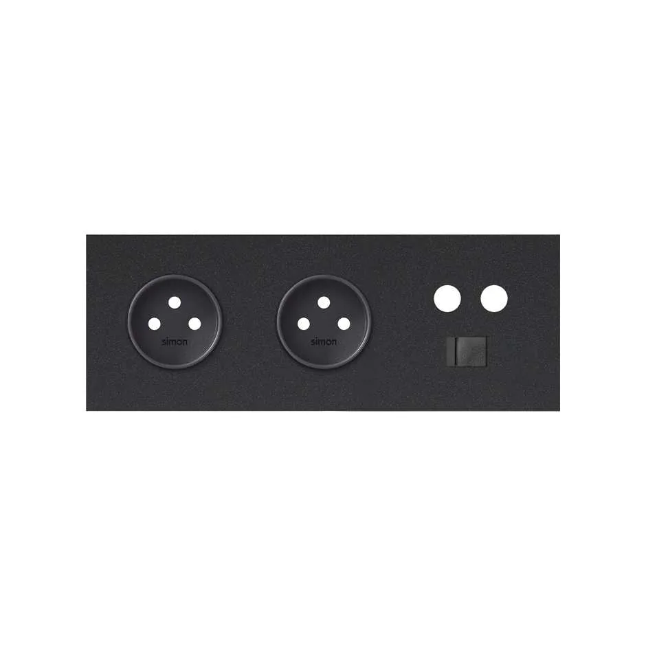 Simon Front face kit for 3 elements with 2 2P sockets and 1 single R / TV + SAT socket with 1 matt black RJ45 connector Simon 100
