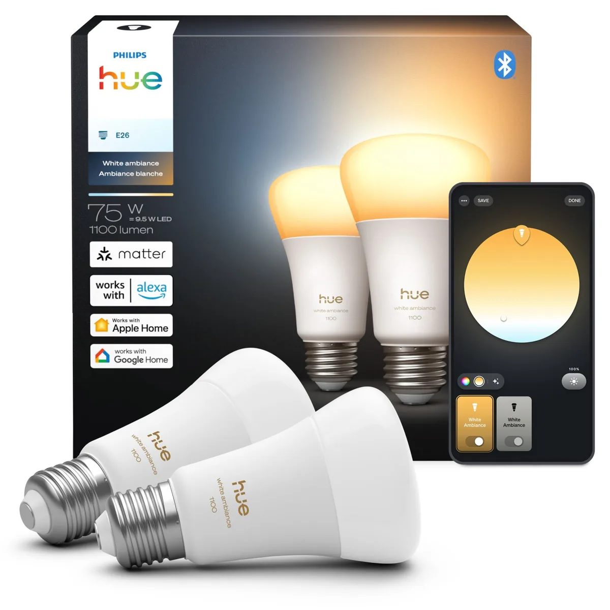 Signify Hue White ambiance 75W A19 2PACK- E26 smart bulbs