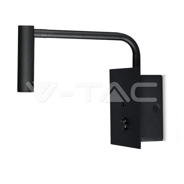V-Tac 3W LED Bedside Light With Switch & USB Port Black 3000K