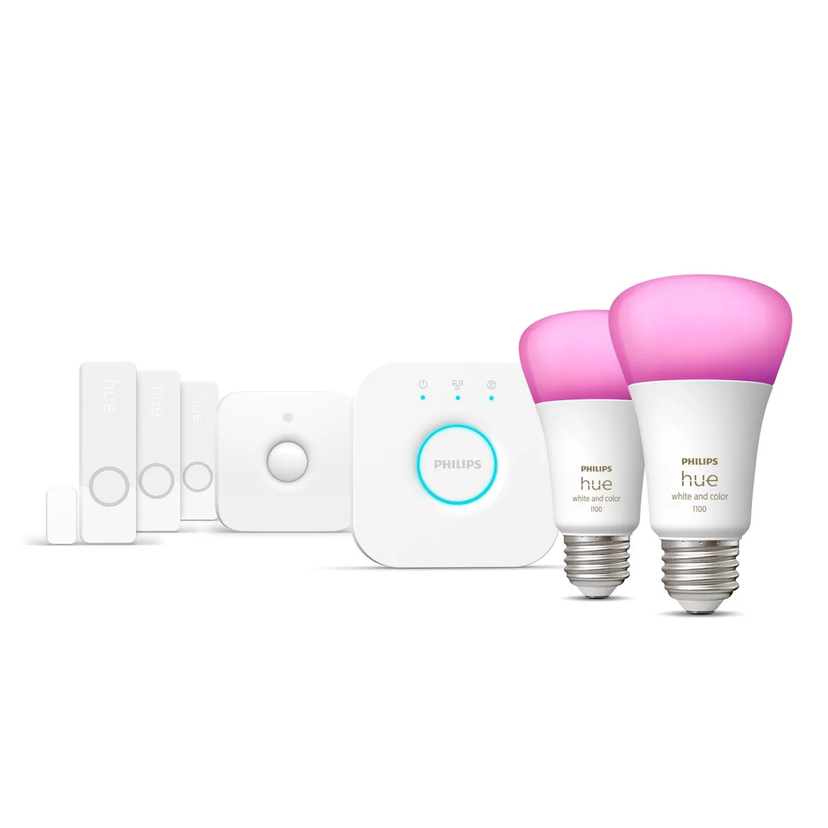 Signify Hue Starter kit: 3 Contact Sensors + 1 Motion Sensor + 2 E26 Bulbs + Hue Bridge - White