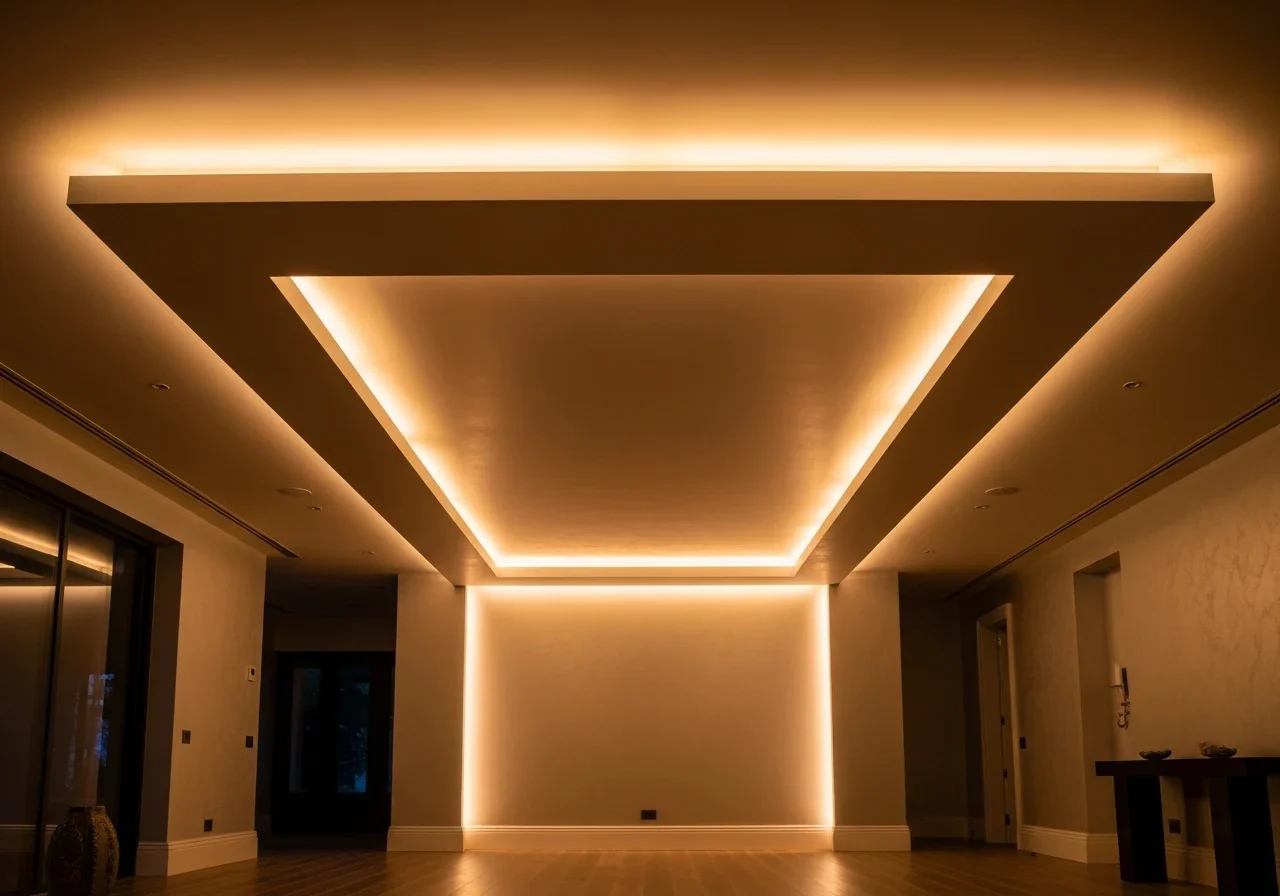 A modern glass and steel building facade with dramatic LED linear strips, wall washers, and color-changing accent lighting creating spectacular nighttime illumination.