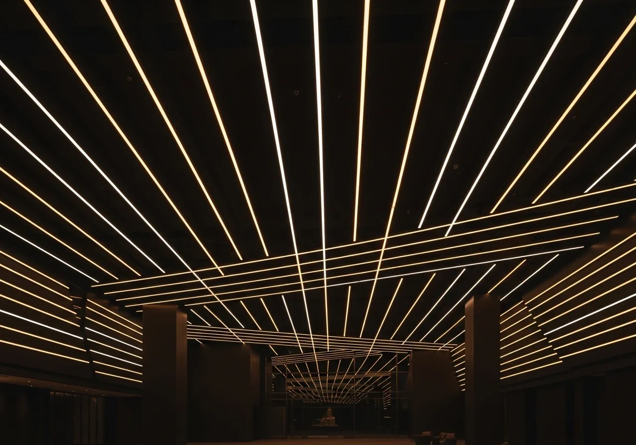 Luxury retail boutique with strategic LED accent lighting: track spotlights creating dramatic product presentations with warm, inviting atmosphere.