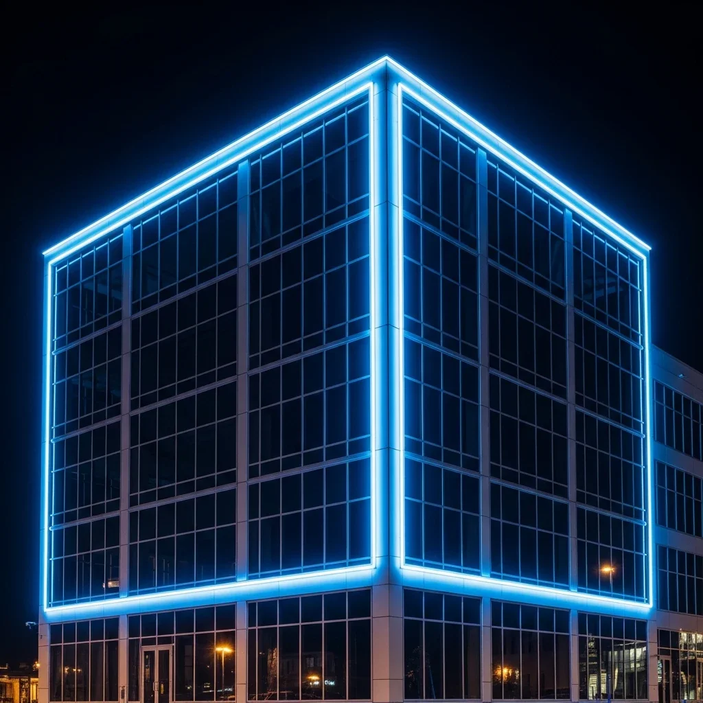 A modern office space showing warm morning light transitioning to cool midday illumination via tunable white LED panels.