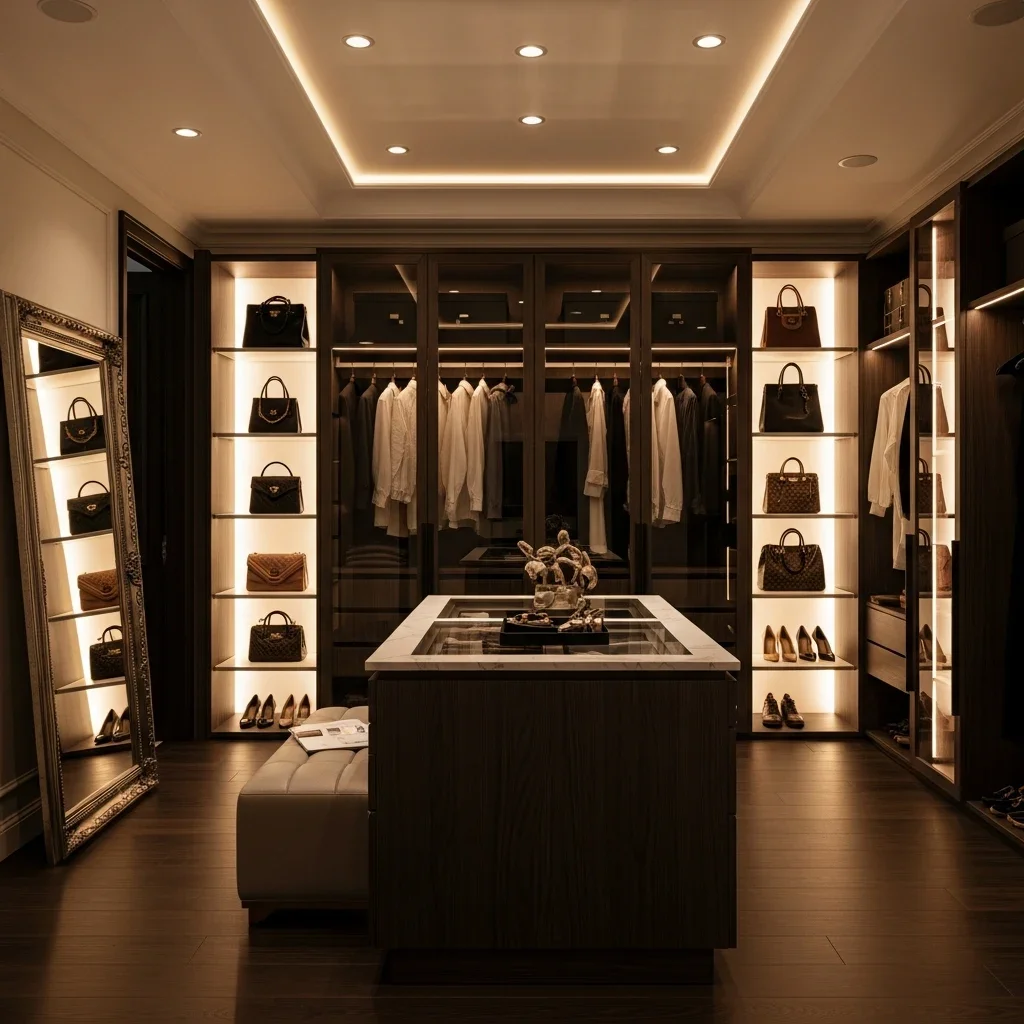 Luxury retail with dramatic accent lighting — narrow beams create pools of light on high-value merchandise.