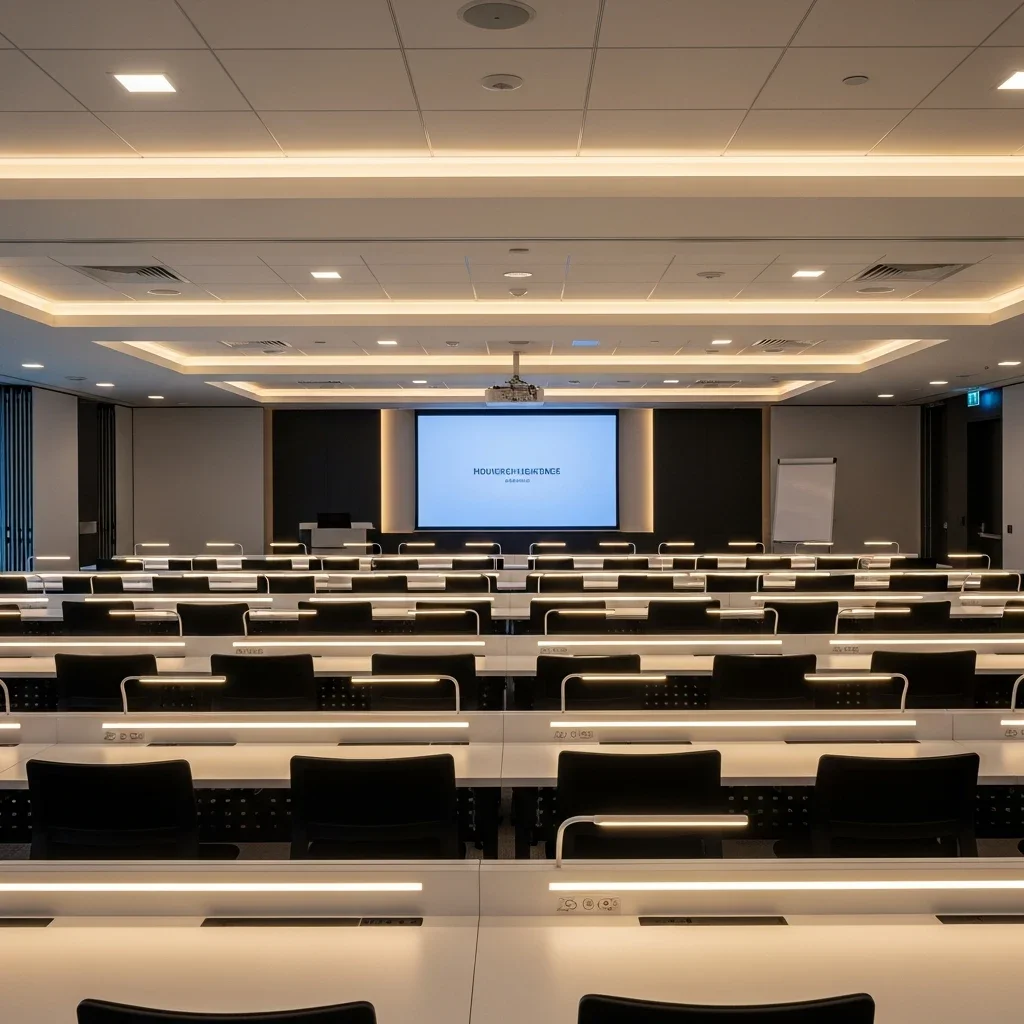 DALI commissioning: engineer using tablet software to address individual fixtures.
