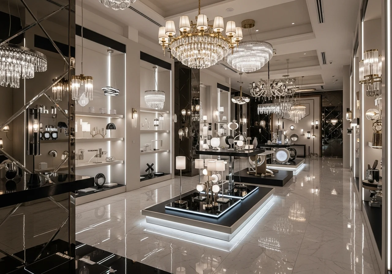 Modern showroom lighting with LED commercial displays showcasing architectural and interactive lighting design solutions.